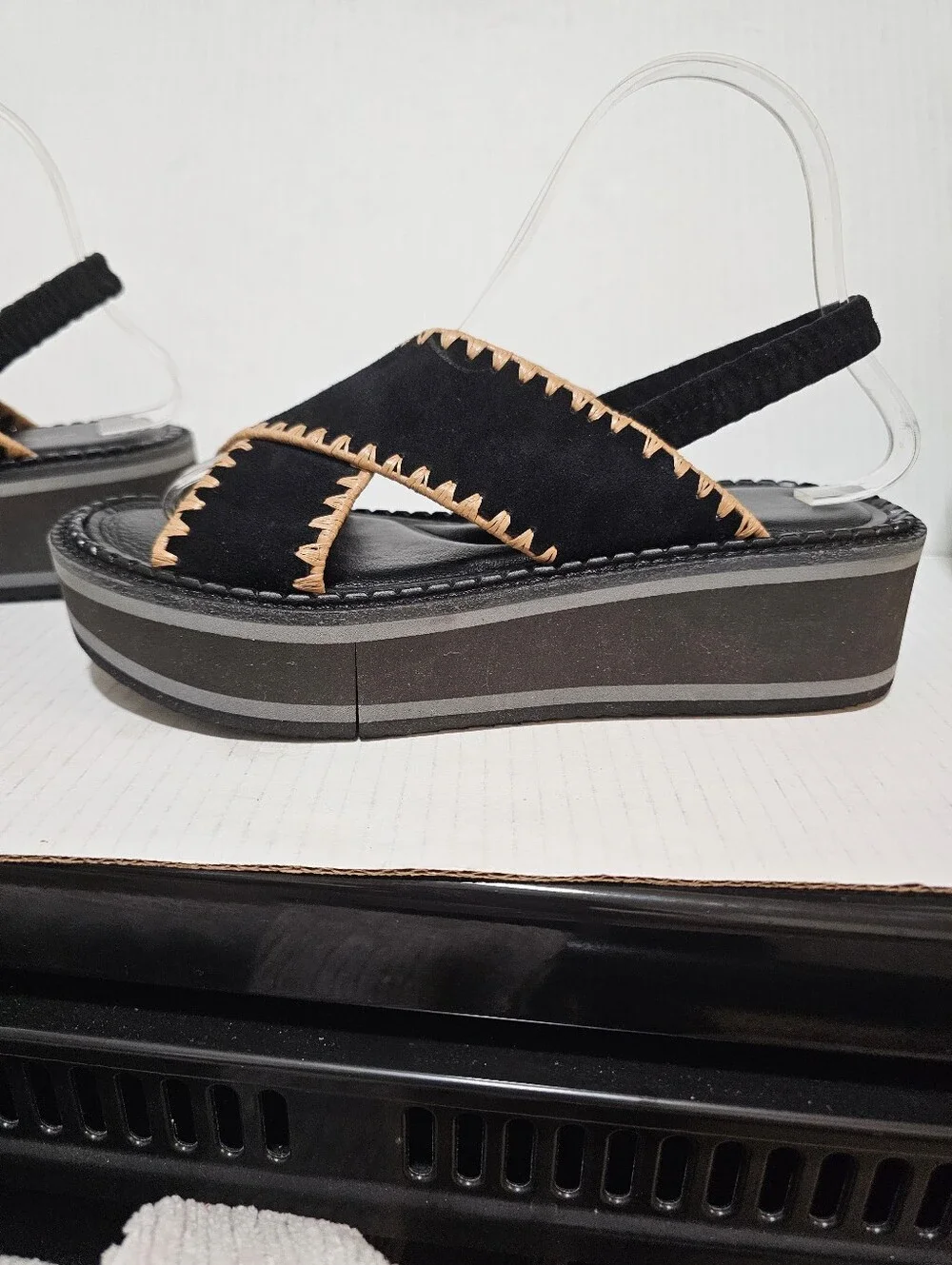 Clergerie Paris Freedom Black Suede Platform Slingback Sandals Whipstitch Sz 37